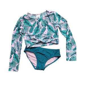 New Girl Teal Palm Print Long Sleeve Cropped 2pc Bikini Set art class Size S 6/7